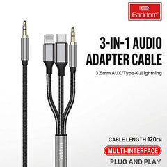 Earldom AUX72 3-in-1 Universal Audio Adapter Cable (USB-C, Lightning, 3.5mm to 3.5mm)