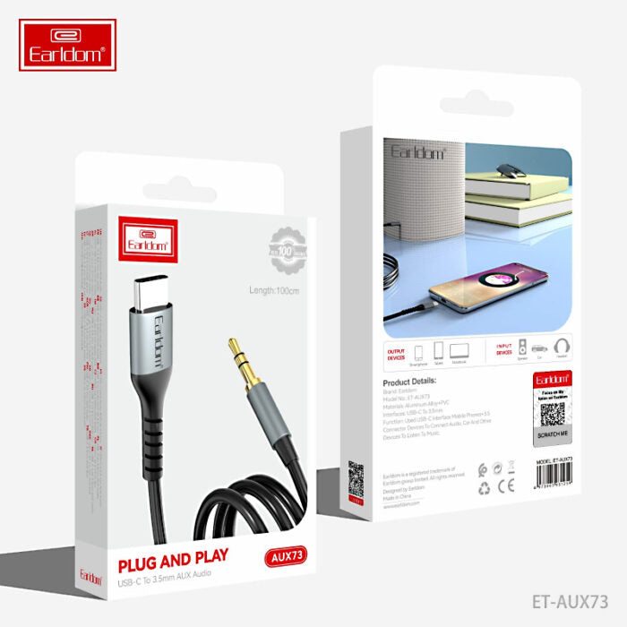 Earldom ET-AUX73 USB-C to 3.5mm Male AUX Audio Cable (1m) – Premium Aluminum Alloy Type-C to Jack Adapter for Car, Speakers & Headphones