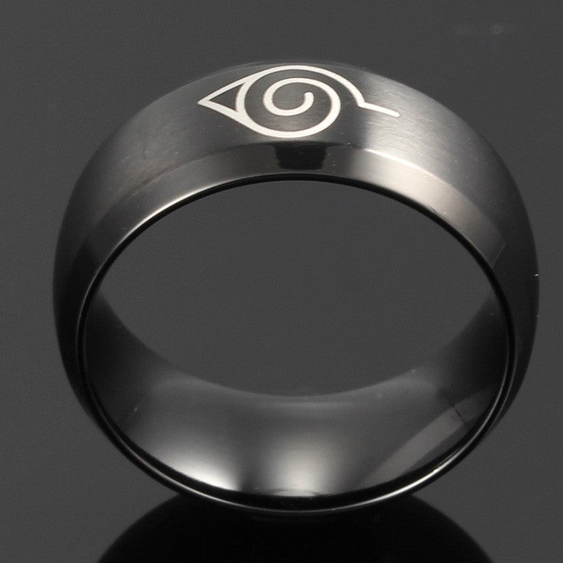 Hidden Leaf Village Ring – Black Stainless Steel Anime Band for Men