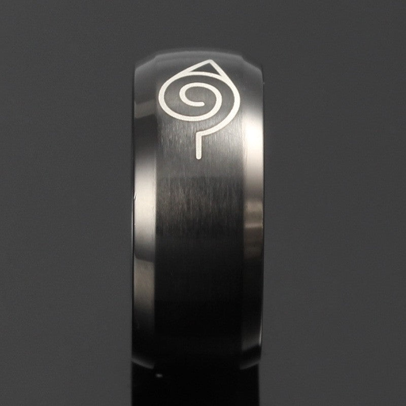 Hidden Leaf Village Ring – Black Stainless Steel Anime Band for Men
