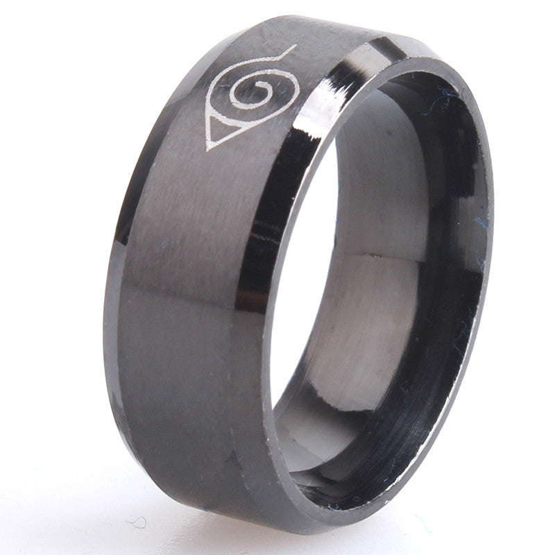 Hidden Leaf Village Ring – Black Stainless Steel Anime Band for Men