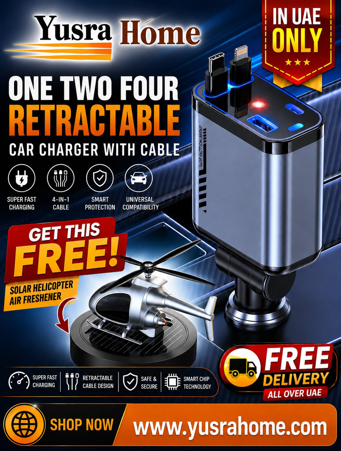 Retractable Car Charger With Free Perfume Solar Power Helicopter 🎁