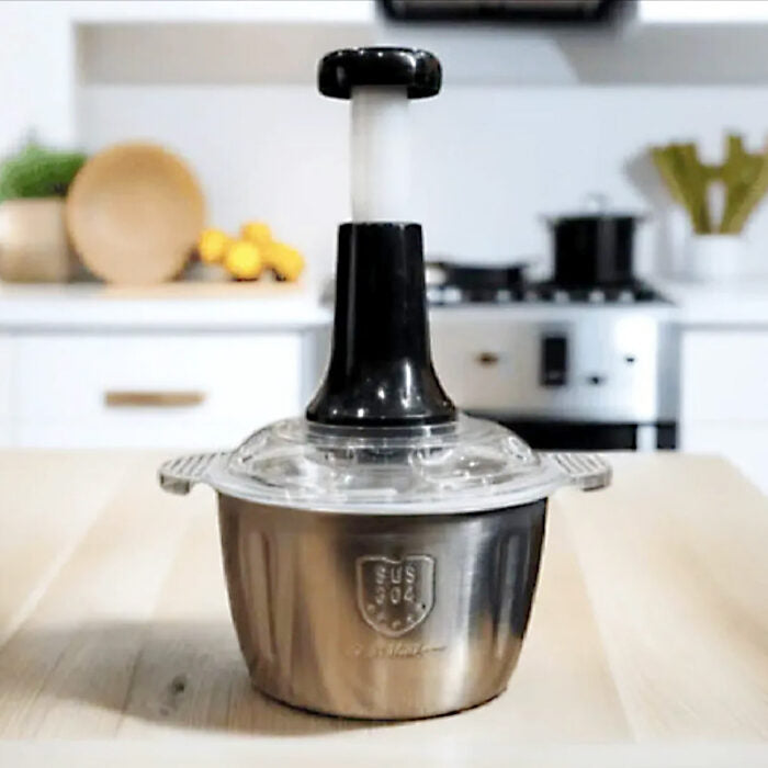 2L Stainless Steel Manual Food Chopper – Heavy-Duty Hand-Push Food Processor with 4 Curved Blades