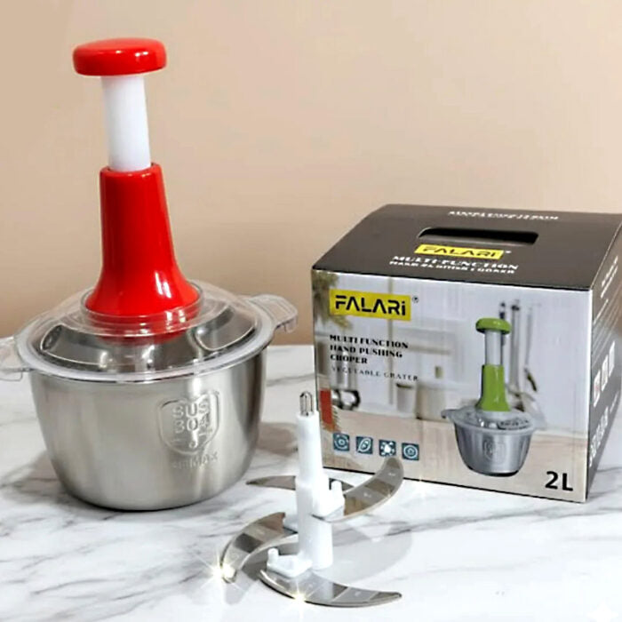 2L Stainless Steel Manual Food Chopper – Heavy-Duty Hand-Push Food Processor with 4 Curved Blades